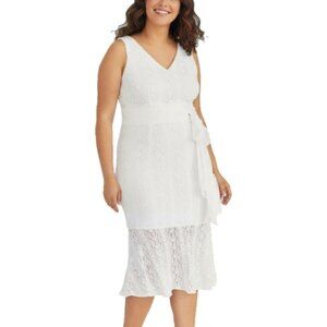 Women’s Ivory Lace Tiered Midi Dress Sz 18W Sleeveless Belted Lined Zip NEW